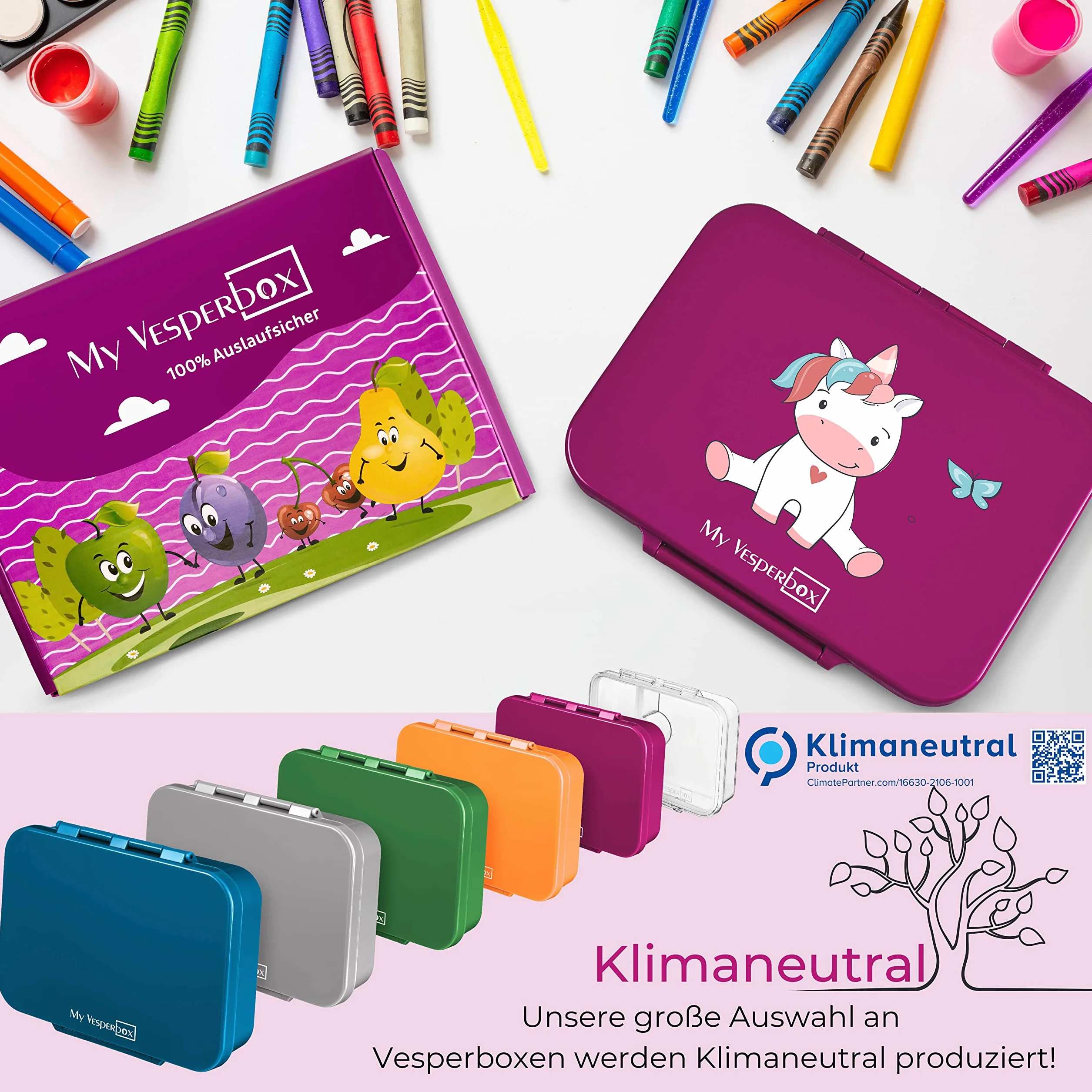 Vesperbox Bia Bento Box dla dzieci szczelne wolne od BPA pudełko na lunch fioletowe siedzący jednorożec