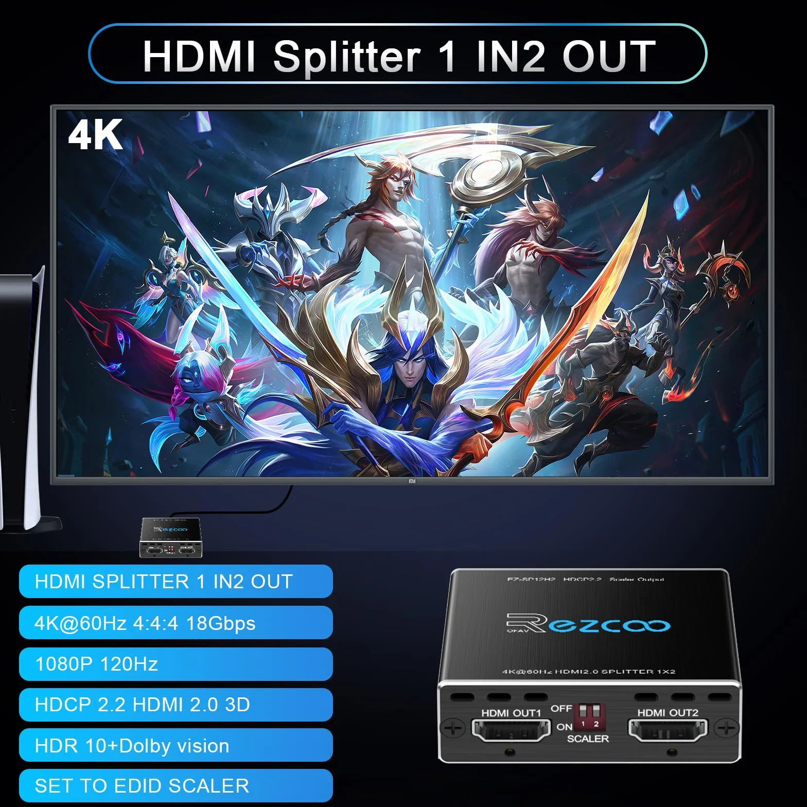 Rozdzielacz HDMI 1 in 2 Out 4K 60Hz HDMI Splitter 1080P 120Hz 4:4 HDR D-olby Vision D-olby Atmos Scaler 4K 1080P, oprogramowanie sprzętowe HDCP2.2, przełącznik Scaler EDID, USB Power