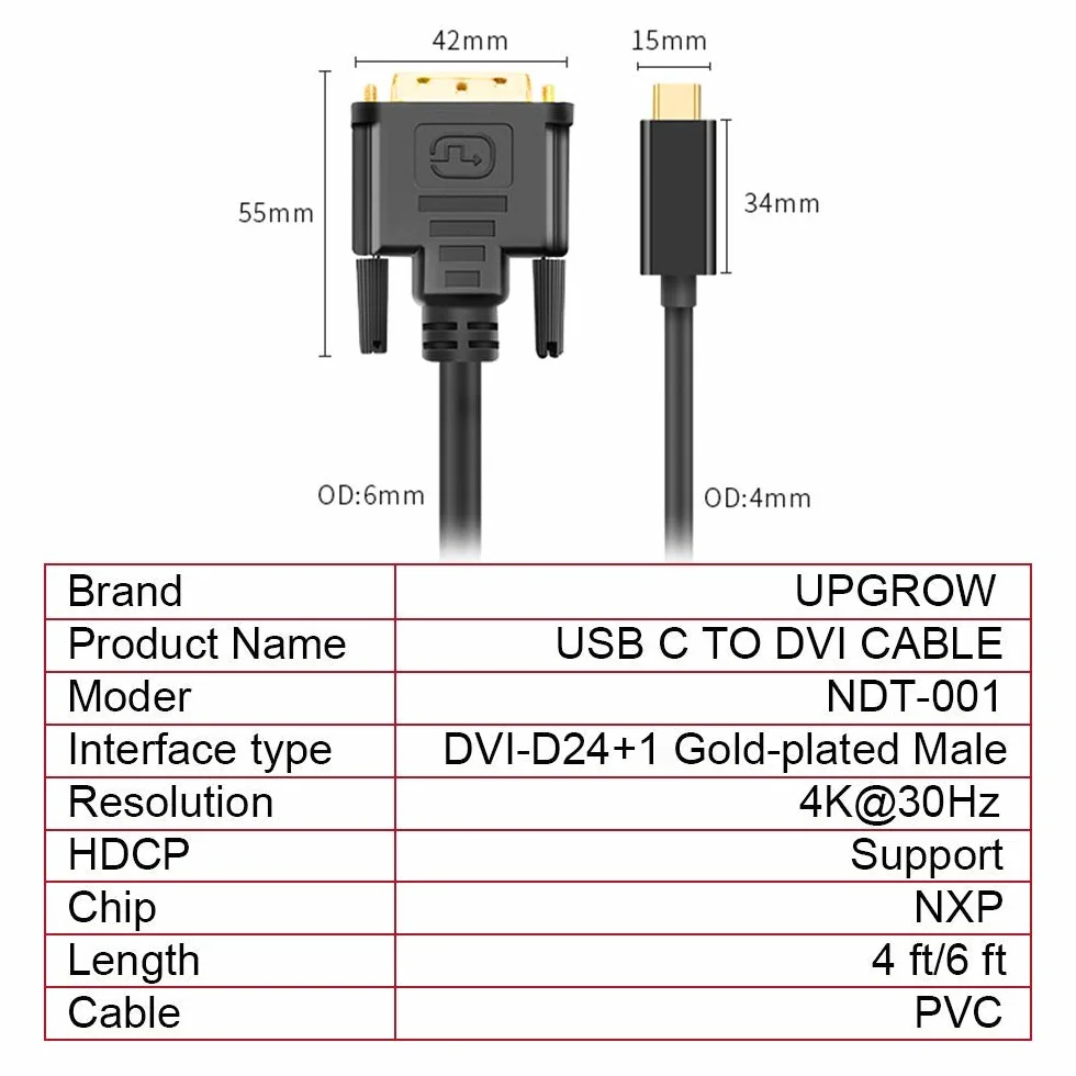 UPGROW Kabel USB-C na DVI – kabel Thunderbolt do DVI 4K przy 30 Hz, USB typu C na DVI żeński, obsługa MacBooka Pro 2017-2020, Surface Book 2, Dell XPS 13, Galaxy S10