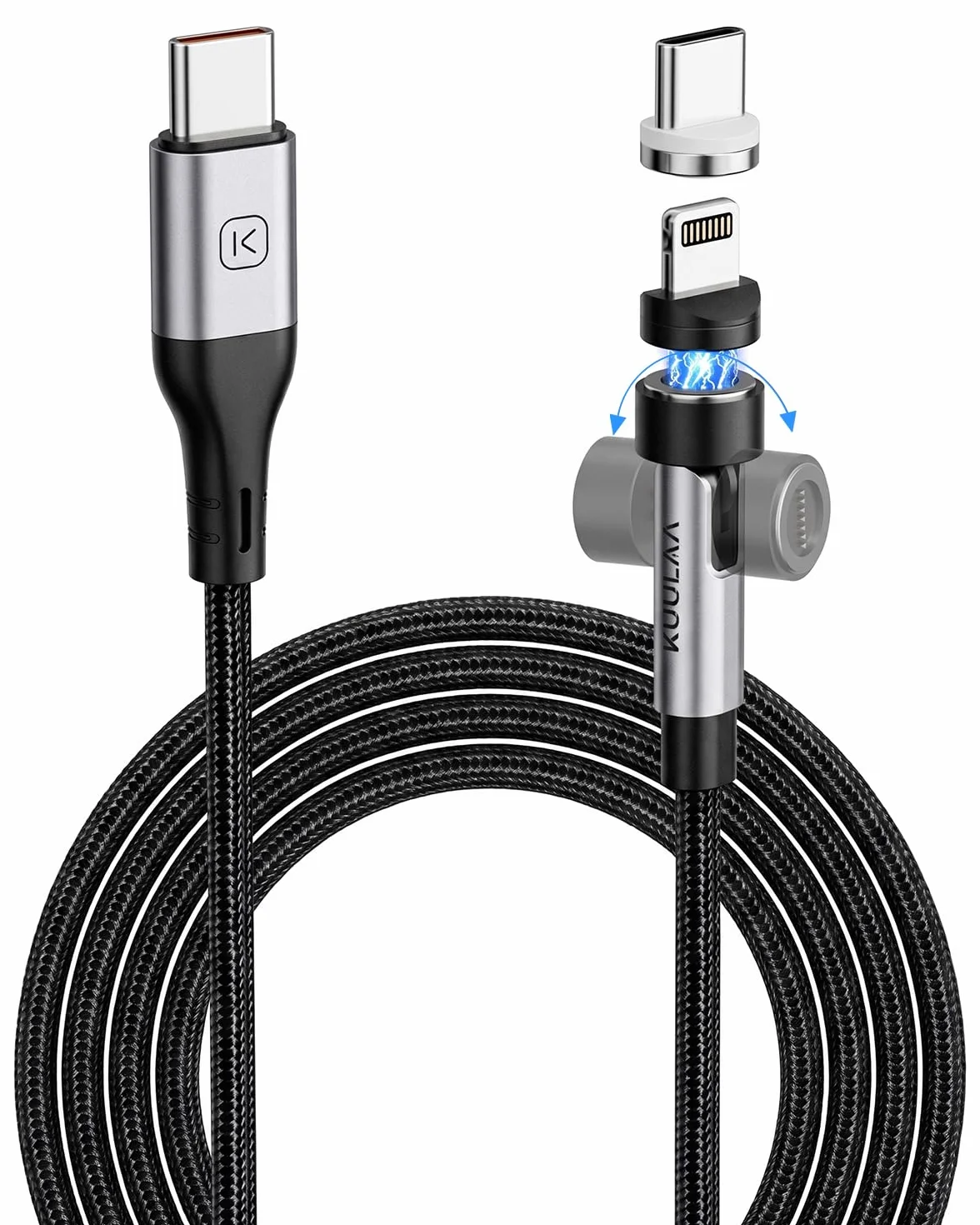 Kuulaa Magnetyczny kabel do ładowania USB-C 2 w 1, 240 W, szybkie ładowanie, 360° i 180°, kompatybilny z typami C/iProducts/Huawei