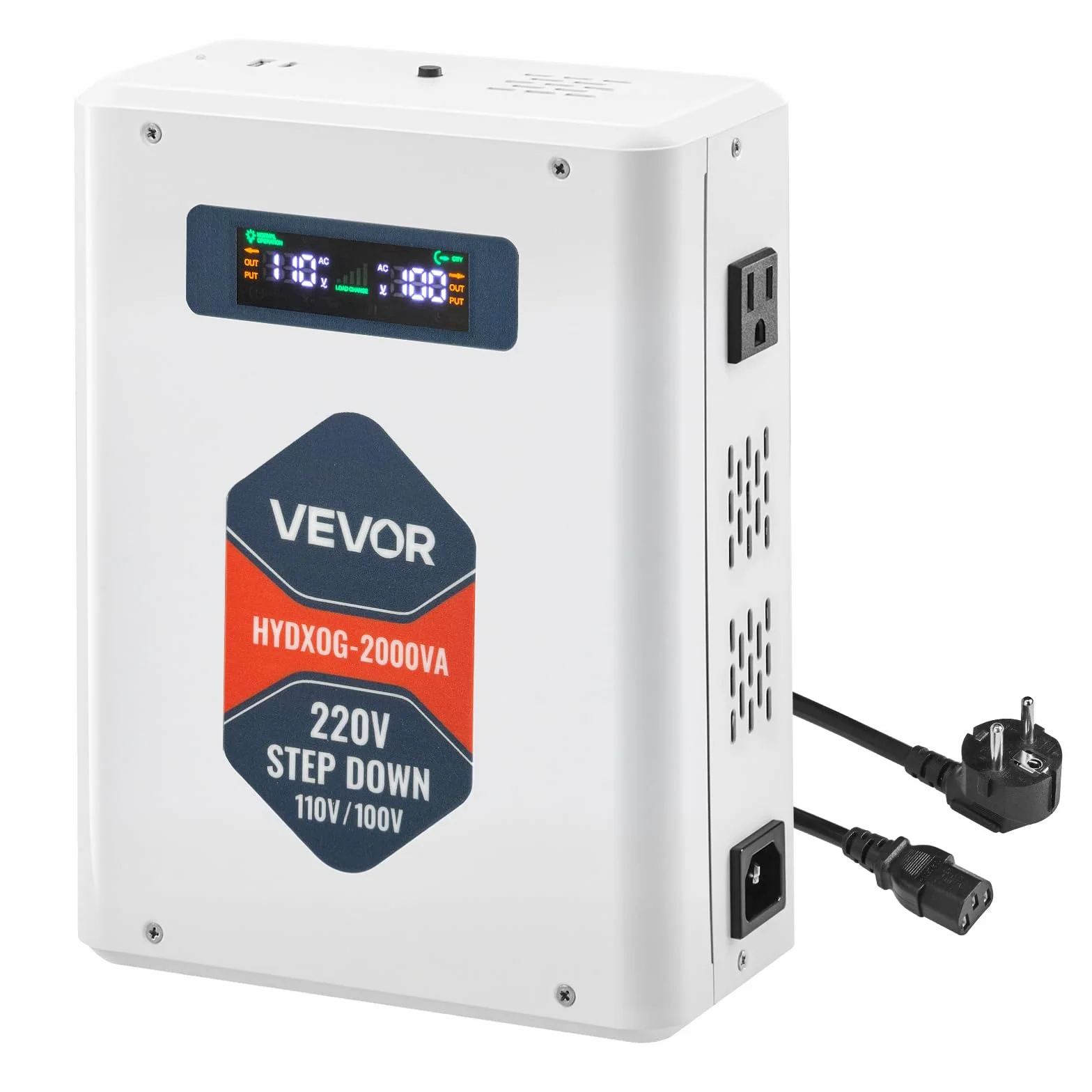 VEVOR Przetwornica napięcia Step-Down 2000 VA, Heavy Duty Transformator mocy 220 V na 110 V z 2 gniazdami amerykańskimi, wyjściem USB, wyświetlaczem LCD, do urządzeń gospodarstwa domowego 110 V