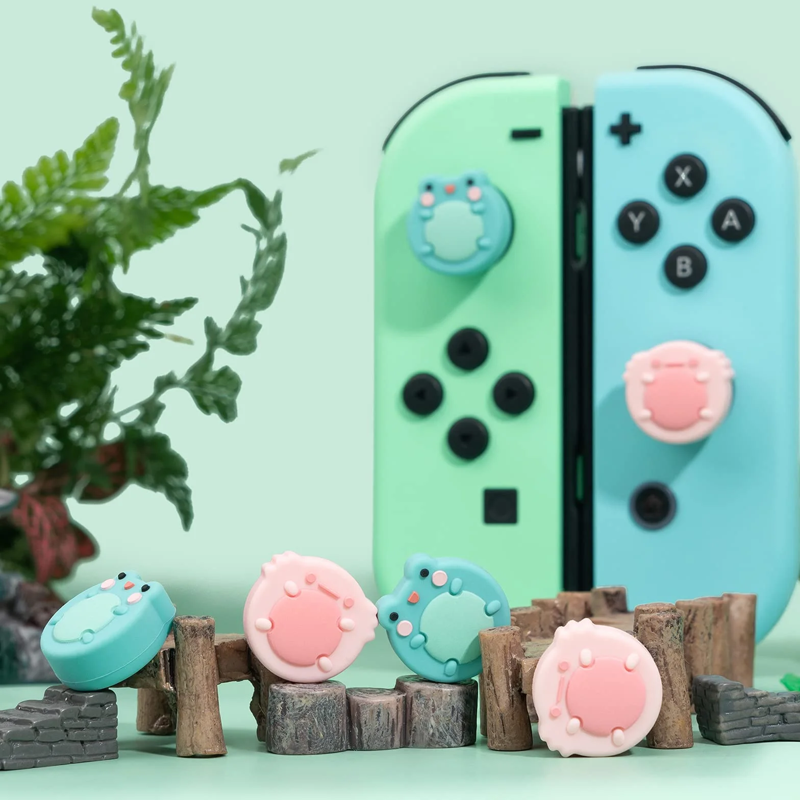 GeekShare Słodkie zwierzęce motywy Silikonowe nakładki na kciuki Joystick, kompatybilne z Switch/OLED/Switch Lite, 4 szt. - Żaba i aksolotl