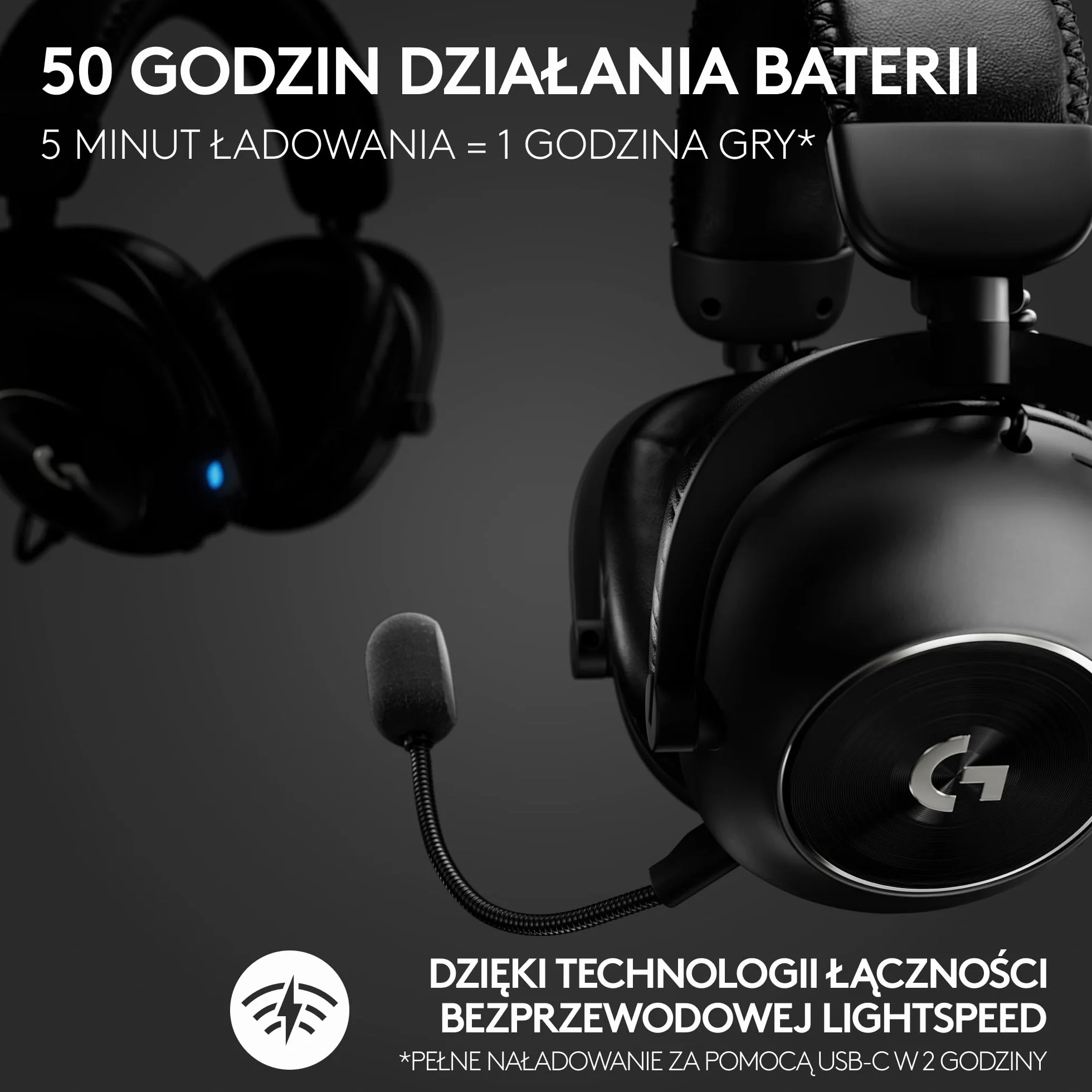 Logitech G PRO X 2 LIGHTSPEED, bezprzewodowe słuchawki, odłączane ramię mikrofonu, grafenowe 50 mm, DTS:X 2.0–7.1 Surround, Bluetooth/USB/Aux 3,5 mm, PC, PS5, PS4, Nintendo Switch - Czarny