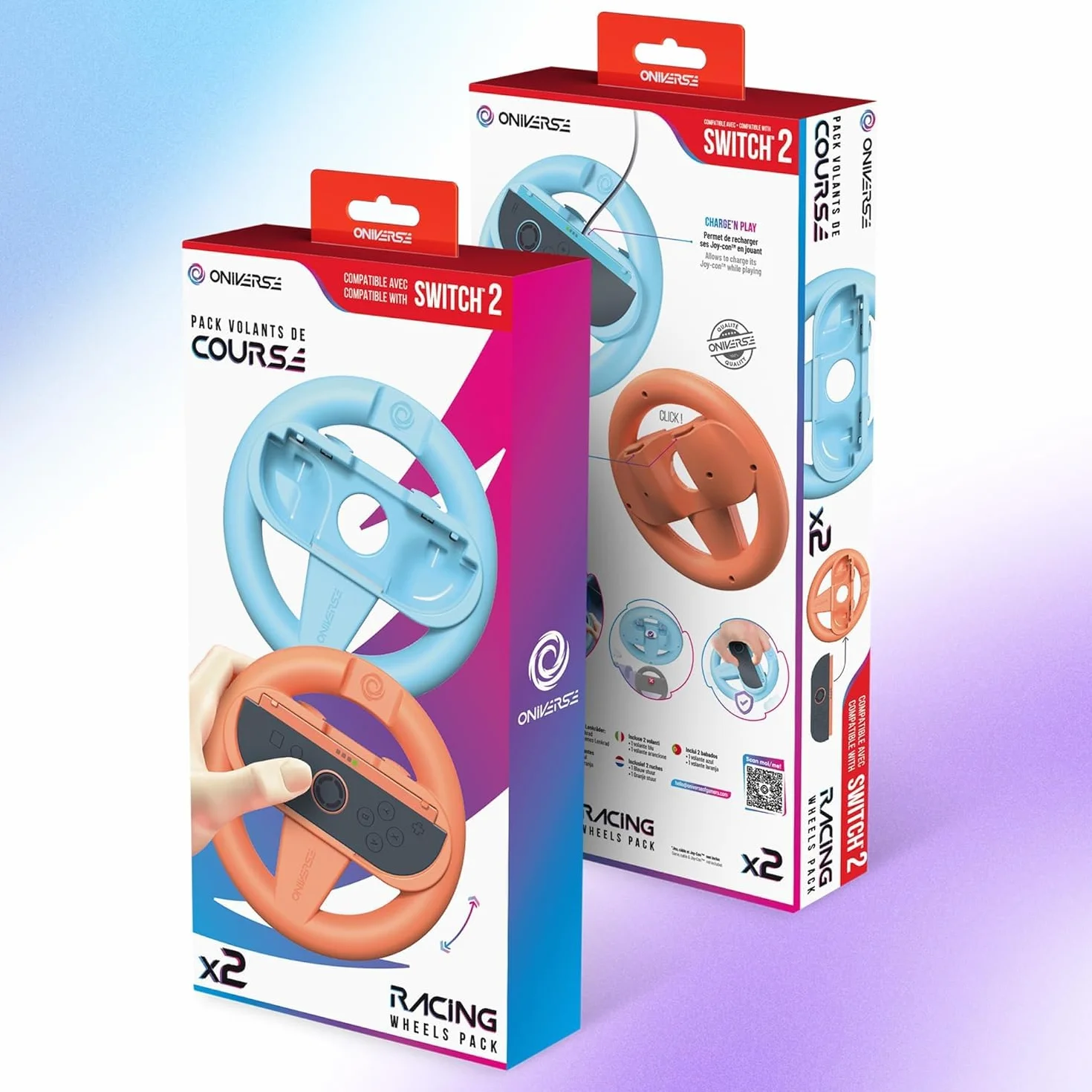 Oniverse Zestaw 2 Kierownic do Konsoli Nintendo Switch 2 – Akcesoria do Switch 2 do Mario Kart, Uchwyt Kierownicy Pomarańczowy i Niebieski, Intuicyjny, Dostępne przyciski SL/SR – Dla Joy-Con